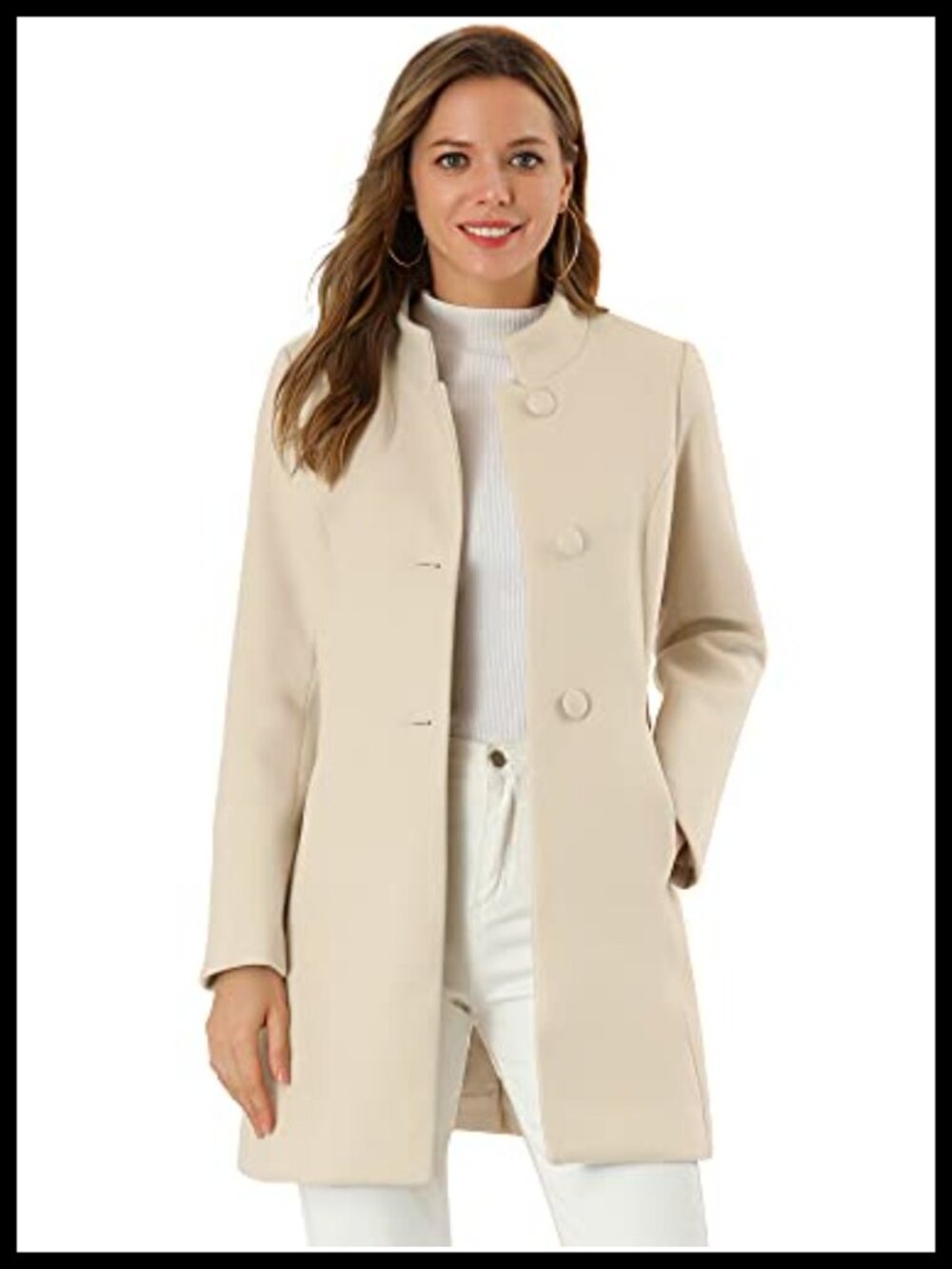 Women Mid-Long Stand Collar Single Breasted Pea Coat Polyester Lined
